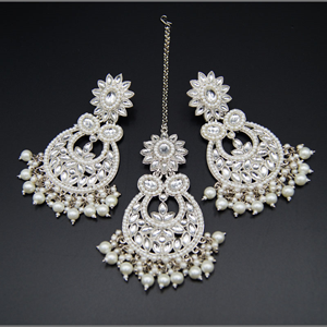 Anika- White Kundan Stone Earring Tikka Set - Silver
